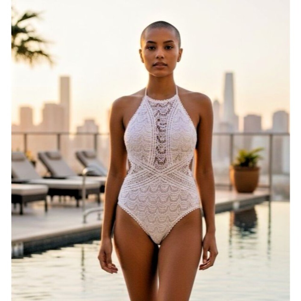 Becca NEW! womens one piece swimsuit crochet halter eyelet tassle XL $124